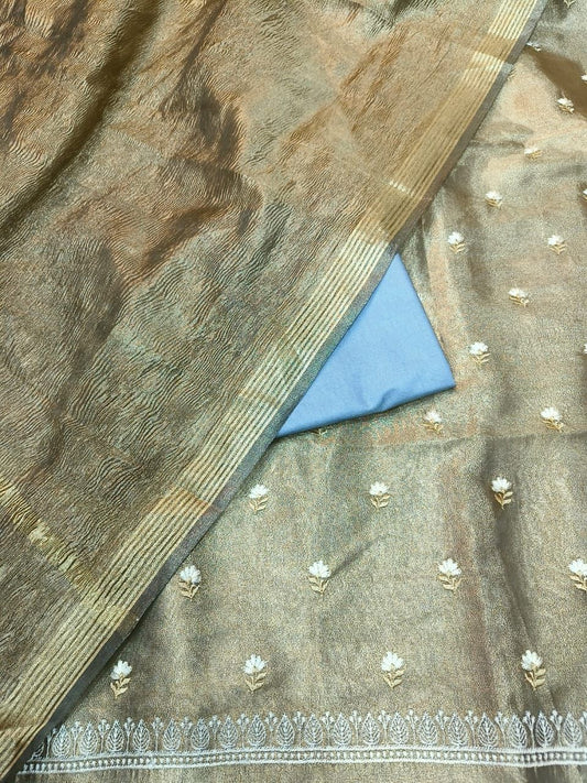 Light Blue Tissue Silk Embroidery Zari Booti With Tissue Crush Dupatta Banarasi 3 Pcs Suit Set 1000SKL_TE4