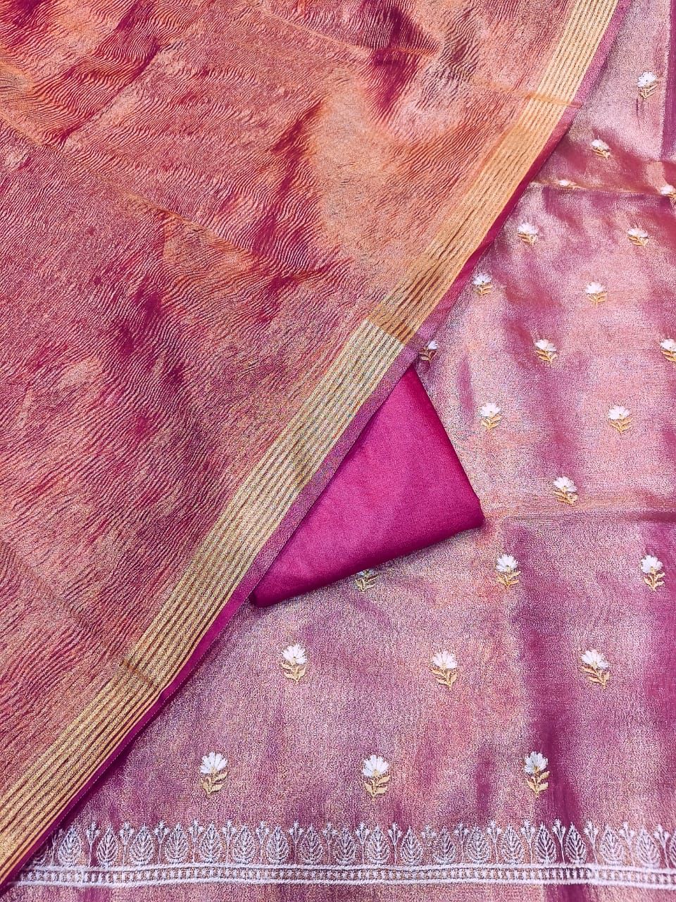 Pink Tissue Silk Embroidery Zari Booti With Tissue Crush Dupatta Banarasi 3 Pcs Suit Set 1000SKL_TE5