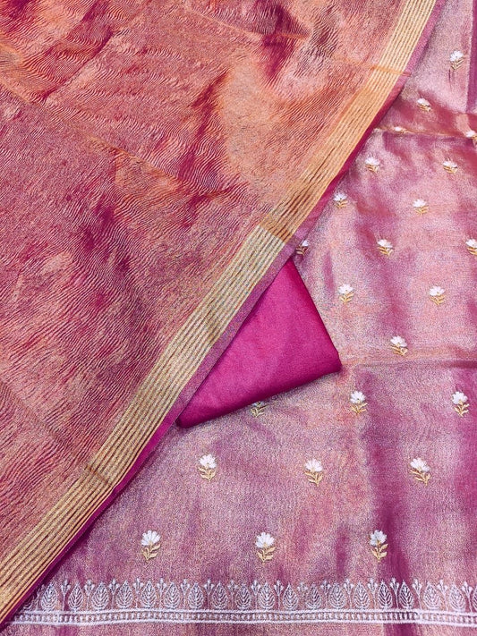 Pink Tissue Silk Embroidery Zari Booti With Tissue Crush Dupatta Banarasi 3 Pcs Suit Set 1000SKL_TE5