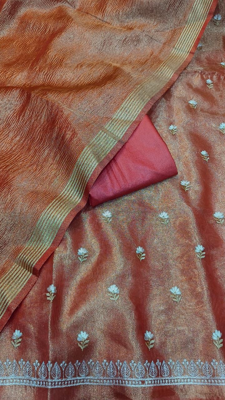 Red Tissue Silk Embroidery Zari Booti With Tissue Crush Dupatta Banarasi 3 Pcs Suit Set 1000SKL_TE6