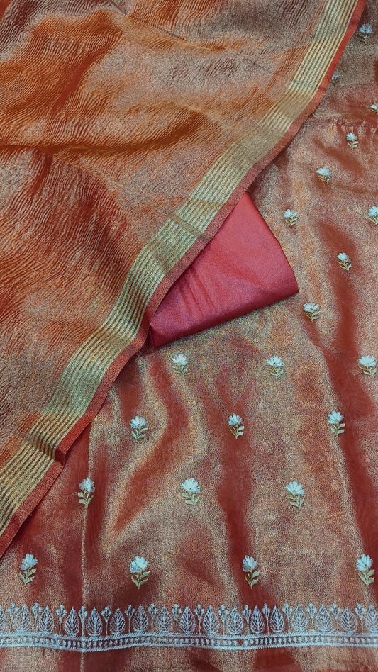 Red Tissue Silk Embroidery Zari Booti With Tissue Crush Dupatta Banarasi 3 Pcs Suit Set 1000SKL_TE6