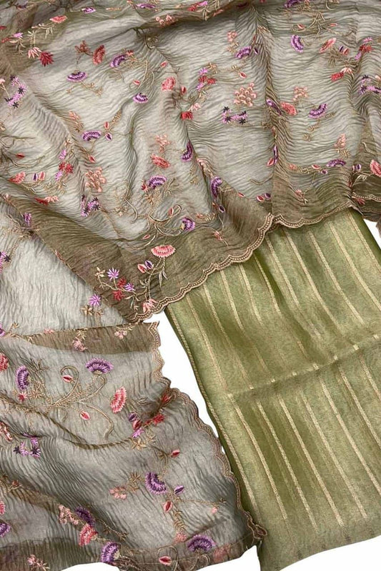 Mehndi Green Tissue Silk Stripe Zari With Crush Embroidery Dupatta Banarasi Suit Set 1300SKL_TE8