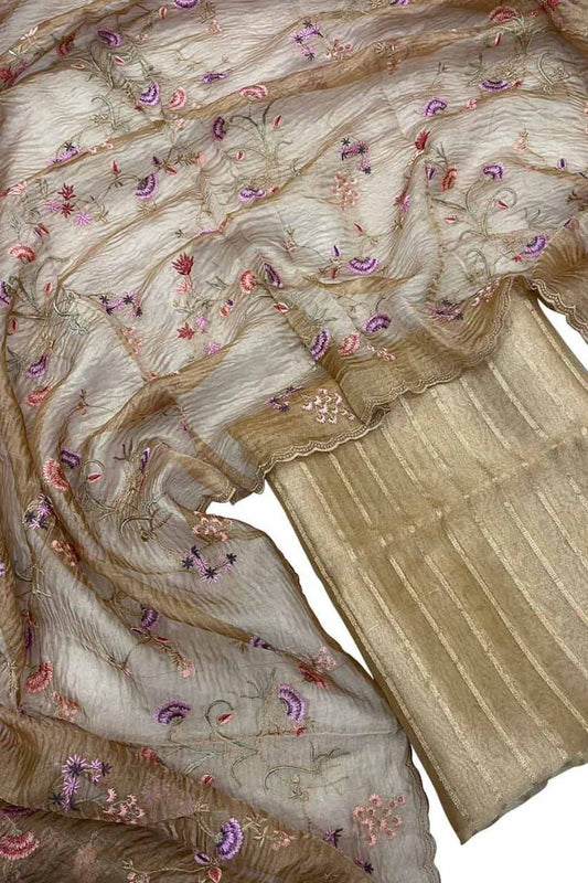 Olive Tissue Silk Stripe Zari With Crush Embroidery Dupatta Banarasi Suit Set 1300SKL_TE9