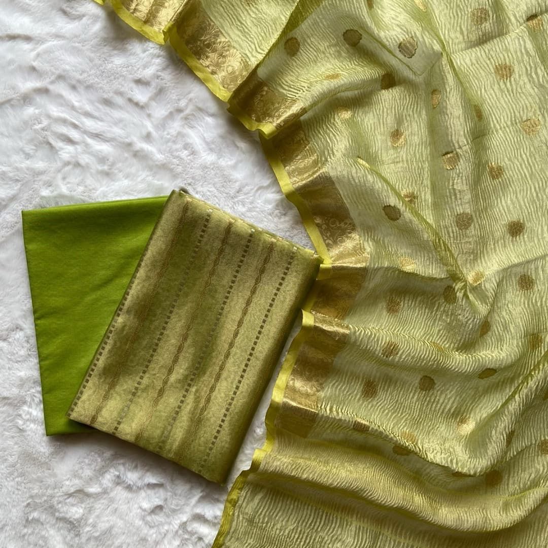 Olive Tissue Floral Stripe Zari Banarasi Suit Set With Crush Dupatta 1100SKL_TSU11