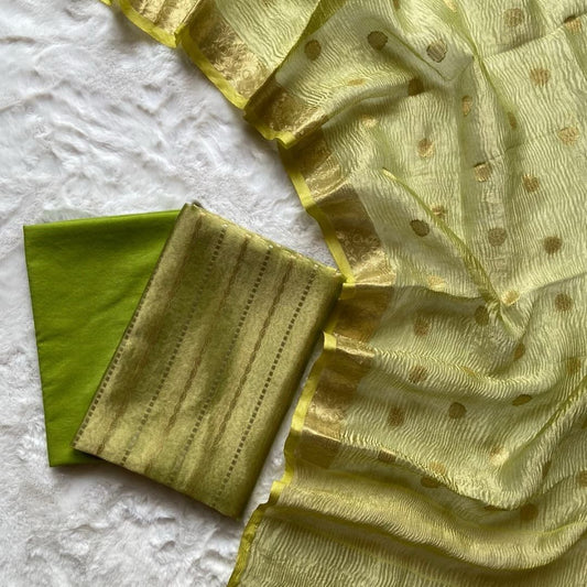 Olive Tissue Floral Stripe Zari Banarasi Suit Set With Crush Dupatta 1100SKL_TSU11