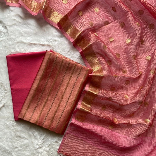 Pink Tissue Floral Stripe Zari Banarasi Suit Set With Crush Dupatta 1100SKL_TSU12