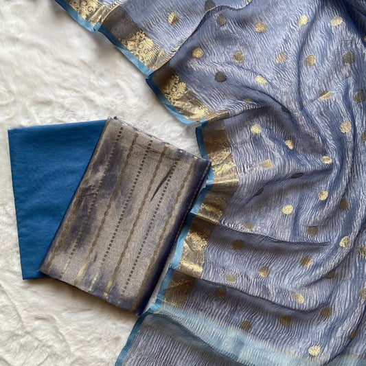 Blue Tissue Floral Stripe Zari Banarasi Suit Set With Crush Dupatta 1100SKL_TSU13