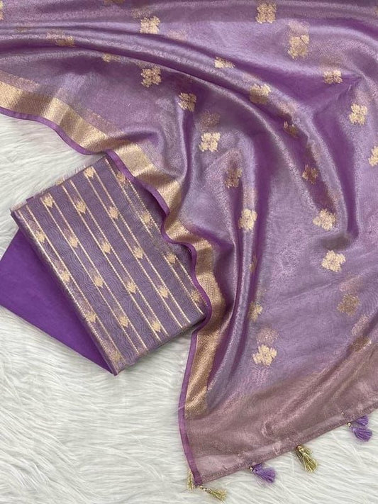 Purple Tissue Silk Stripe Zari Neck Banarasi Suit With Zari Border Crush Dupatta SKL_TSU15