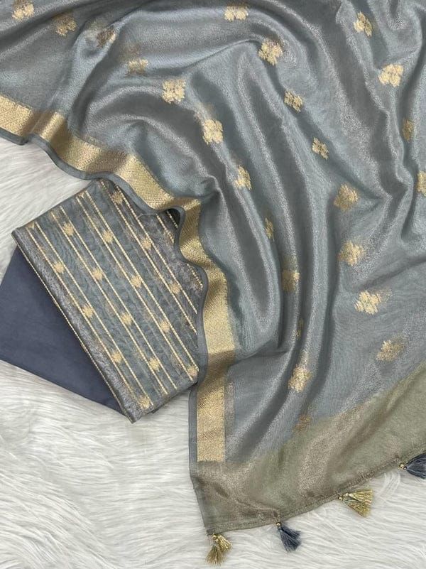 Grey Tissue Silk Stripe Zari Neck Banarasi Suit With Zari Border Crush Dupatta SKL_TSU16