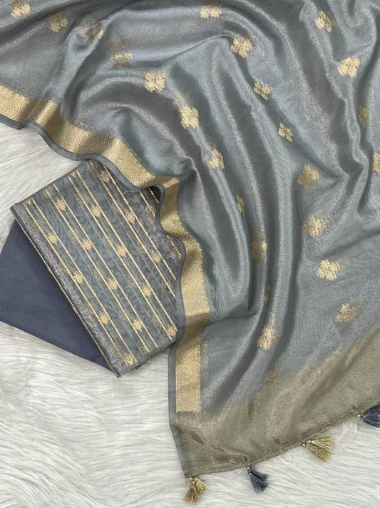 Grey Tissue Silk Stripe Zari Neck Banarasi Suit With Zari Border Crush Dupatta SKL_TSU16