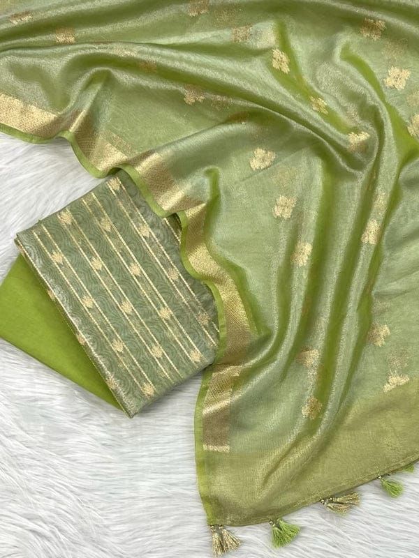 Mehndi Green Tissue Silk Stripe Zari Neck Banarasi Suit With Zari Border Crush Dupatta SKL_TSU17