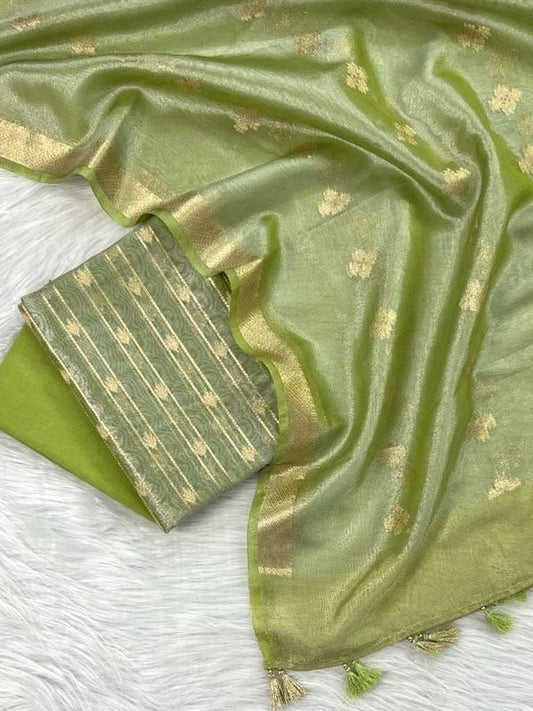Mehndi Green Tissue Silk Stripe Zari Neck Banarasi Suit With Zari Border Crush Dupatta SKL_TSU17