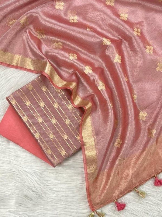 Pink Tissue Silk Stripe Zari Neck Banarasi Suit With Zari Border Crush Dupatta SKL_TSU18