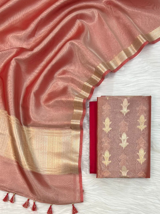 Red Tissue Silk Zari Booti With Border Dupatta Banarasi 3 Pcs Suit Set 1100SKL_TSU20