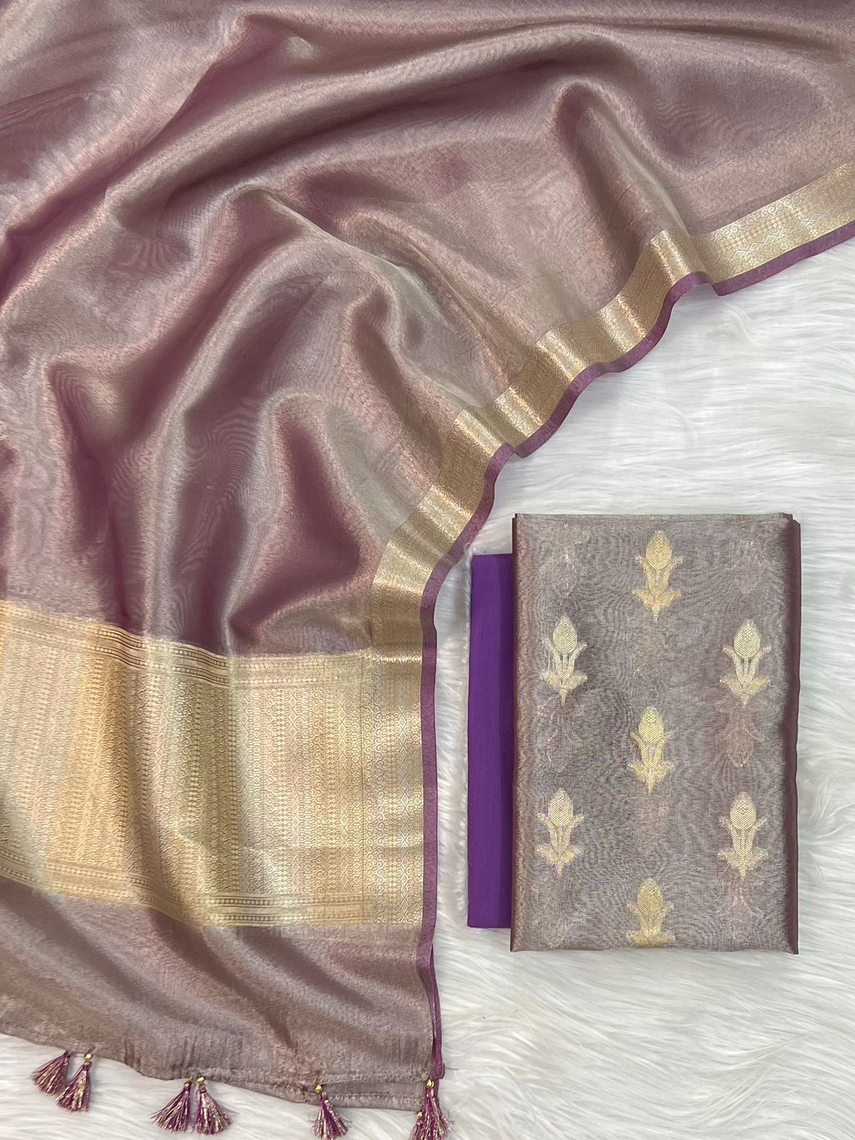 Purple Tissue Silk Zari Booti With Border Dupatta Banarasi 3 Pcs Suit Set 1100SKL_TSU21
