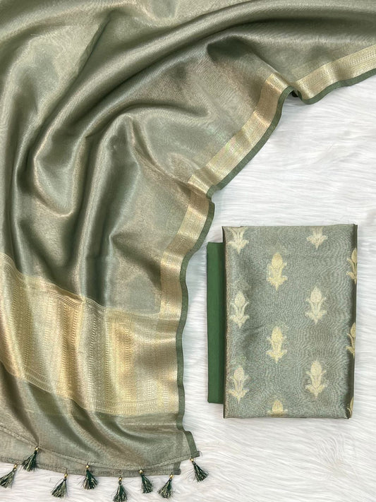 Dark Green Tissue Silk Zari Booti With Border Dupatta Banarasi 3 Pcs Suit Set 1100SKL_TSU22