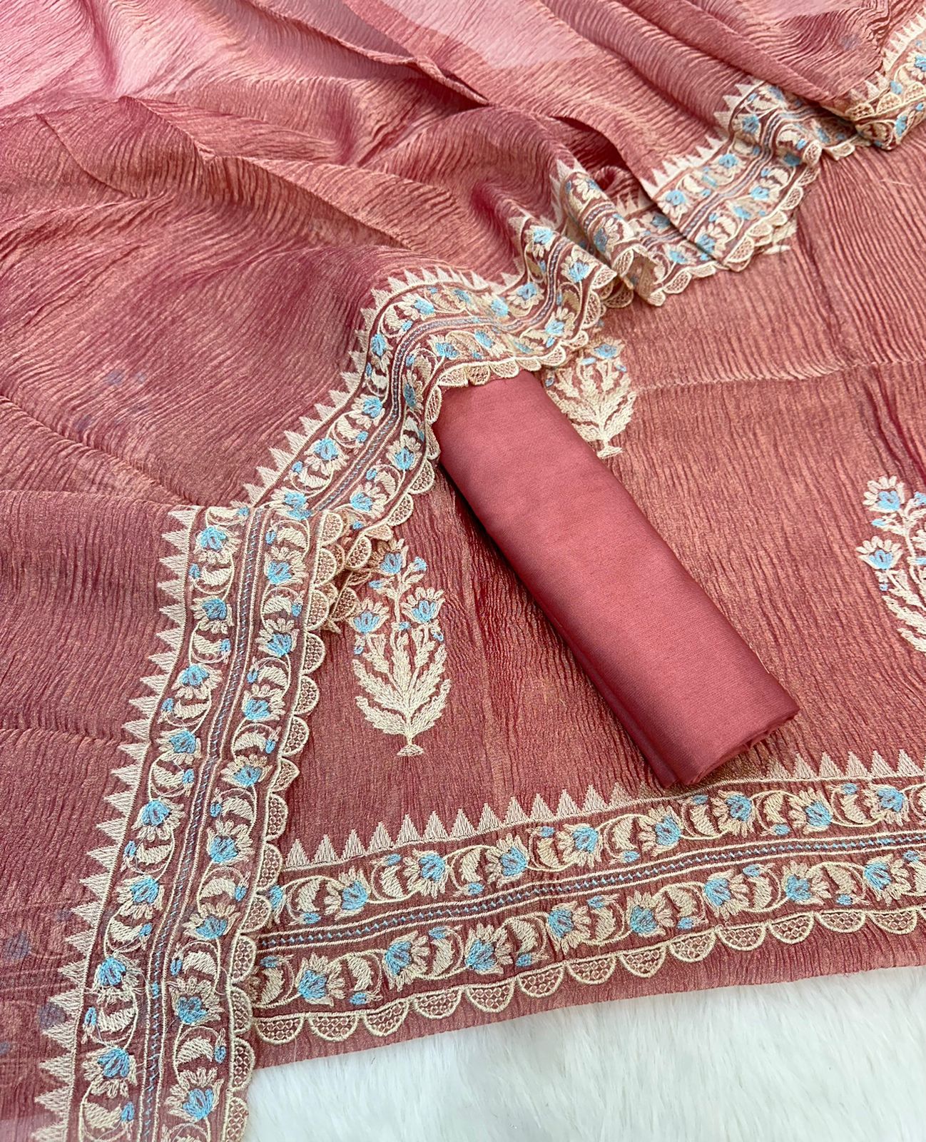 Dark Peach Tissue Silk With Embroidery Crush Dupatta Banarasi Set 1300SKL_TSU8