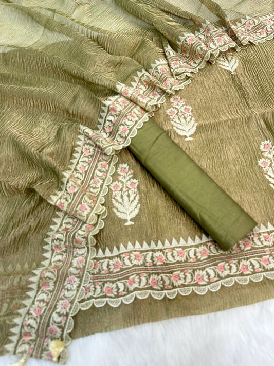Green Tissue Silk With Embroidery Crush Dupatta Banarasi Set SKL_TSU9