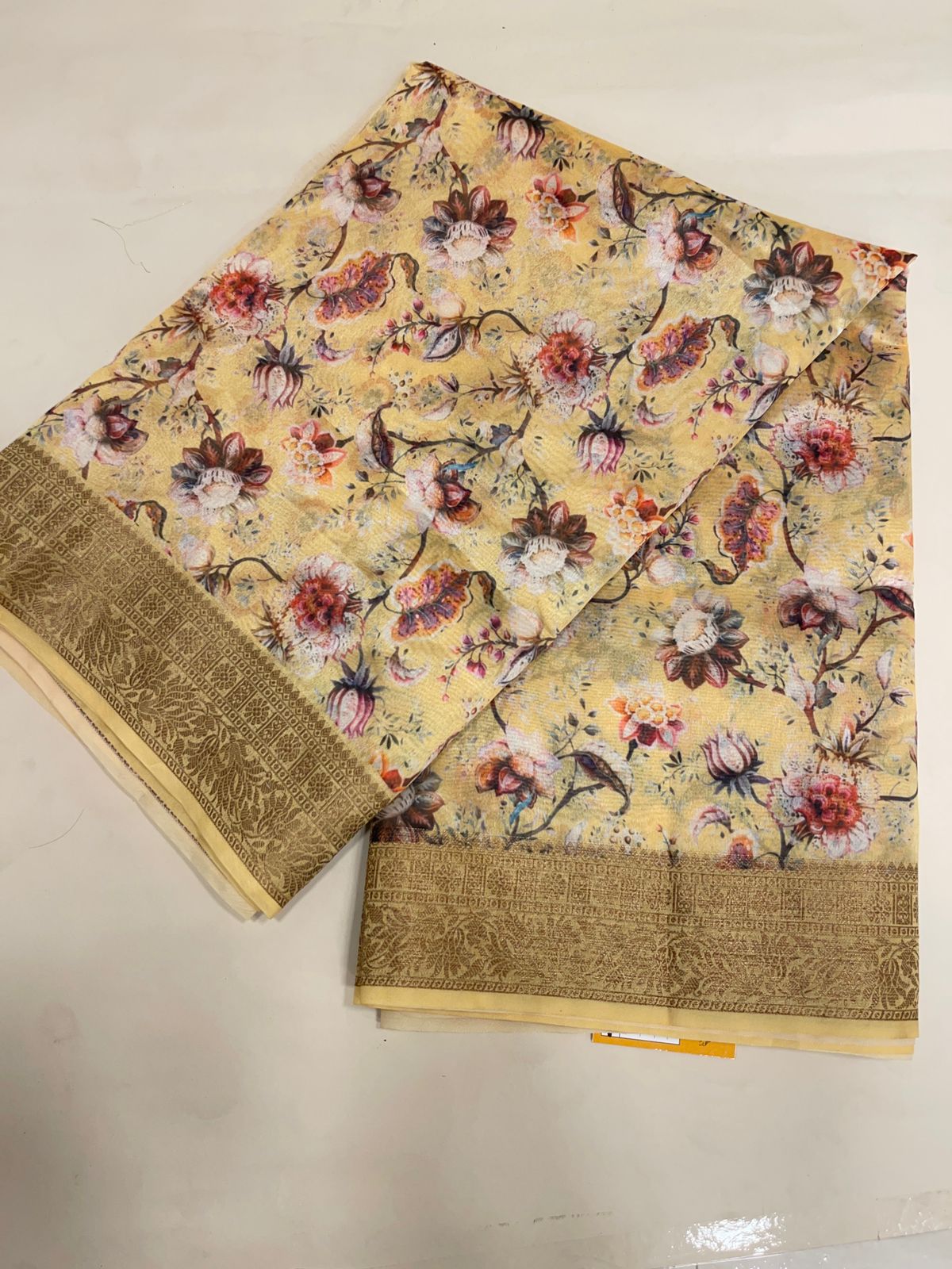Faishana Presents Yellow Warm Silk Floral Digital Print Copper Zari Border Banarasi Saree with Floral Print Booti Yellow Blouse