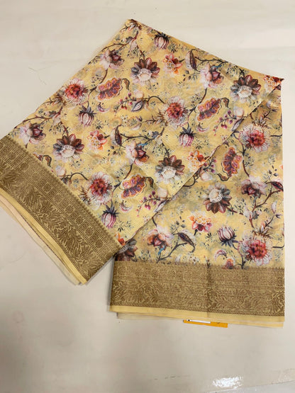 Faishana Presents Yellow Warm Silk Floral Digital Print Copper Zari Border Banarasi Saree with Floral Print Booti Yellow Blouse