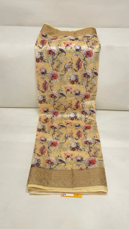 Faishana Presents Yellow Warm Silk Floral Digital Print Copper Zari Border Banarasi Saree with Floral Print Booti Yellow Blouse