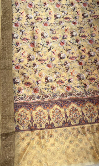Faishana Presents Yellow Warm Silk Floral Digital Print Copper Zari Border Banarasi Saree with Floral Print Booti Yellow Blouse