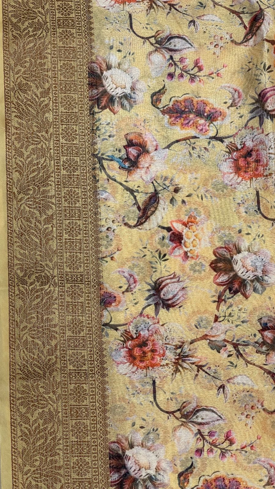 Faishana Presents Yellow Warm Silk Floral Digital Print Copper Zari Border Banarasi Saree with Floral Print Booti Yellow Blouse