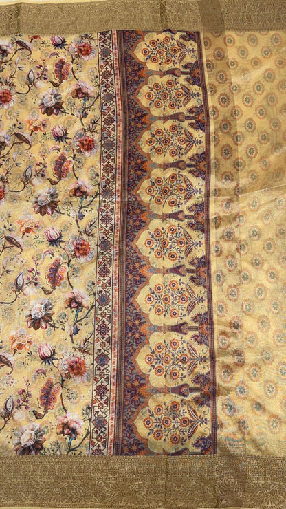 Faishana Presents Yellow Warm Silk Floral Digital Print Copper Zari Border Banarasi Saree with Floral Print Booti Yellow Blouse