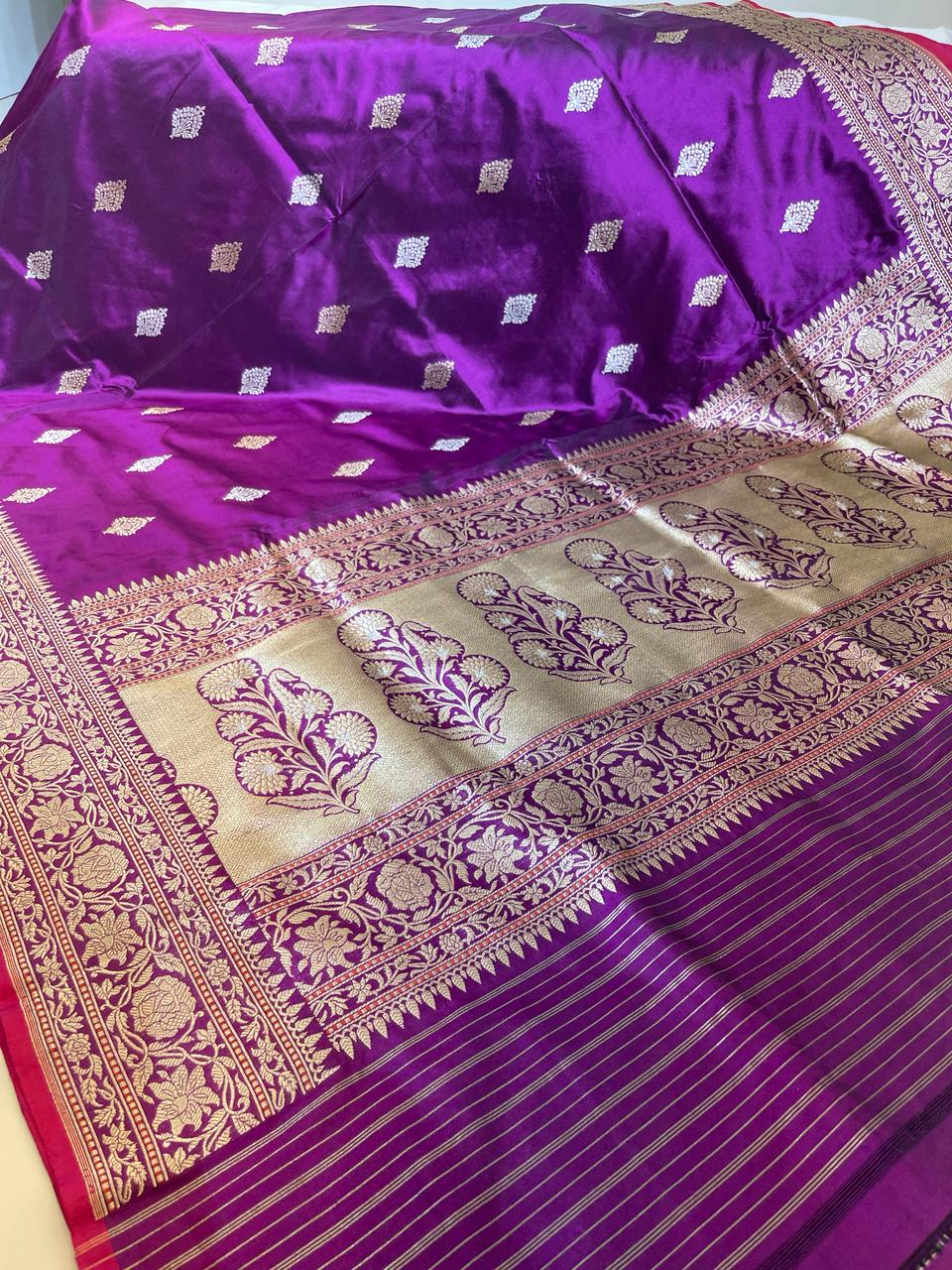Faishana Pure Silk Handloom Purple Katan Silk Kadhwa Sona Rupa Zari Floral Booti with Kadhwa Border and Purple Stripe Kadhwa Blouse