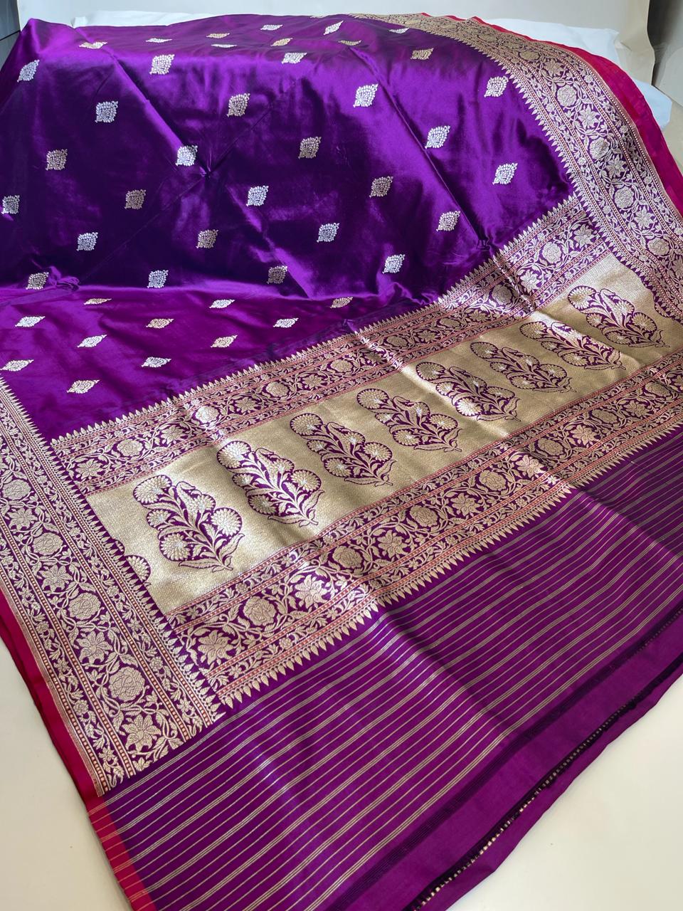 Faishana Pure Silk Handloom Purple Katan Silk Kadhwa Sona Rupa Zari Floral Booti with Kadhwa Border and Purple Stripe Kadhwa Blouse