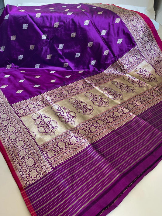 Faishana Pure Silk Handloom Purple Katan Silk Kadhwa Sona Rupa Zari Floral Booti with Kadhwa Border and Purple Stripe Kadhwa Blouse