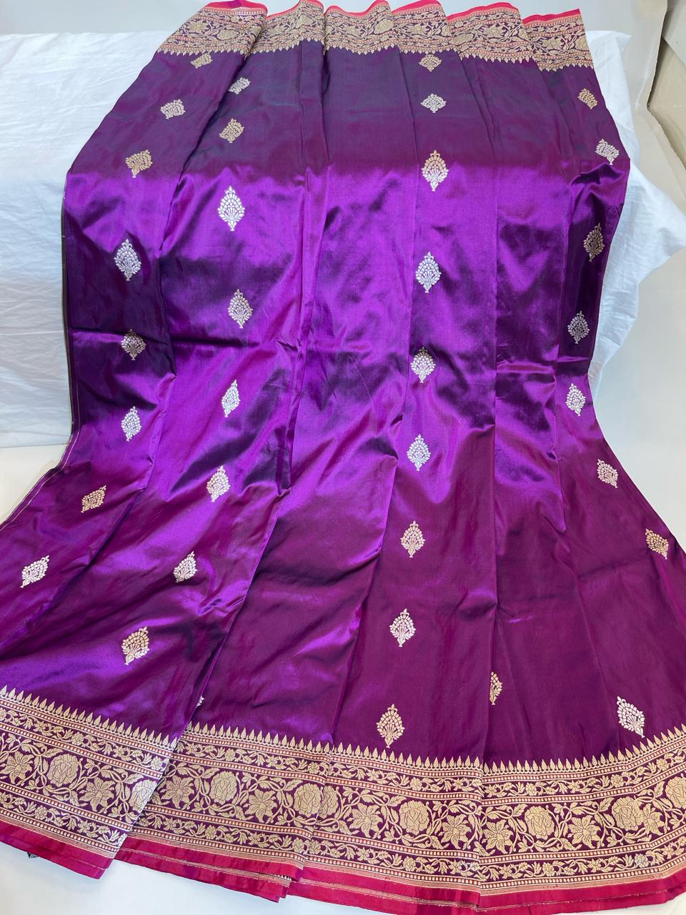 Faishana Pure Silk Handloom Purple Katan Silk Kadhwa Sona Rupa Zari Floral Booti with Kadhwa Border and Purple Stripe Kadhwa Blouse