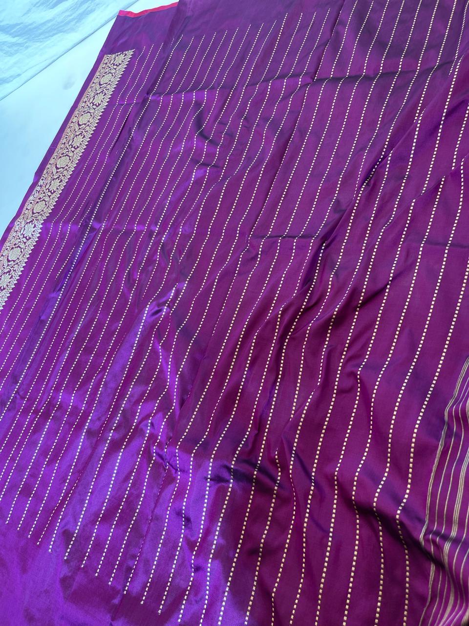Faishana Pure Silk Handloom Purple Katan Silk Kadhwa Sona Rupa Zari Floral Booti with Kadhwa Border and Purple Stripe Kadhwa Blouse