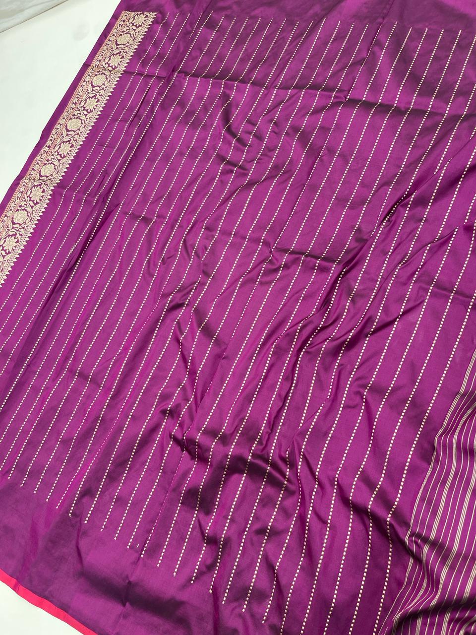 Faishana Pure Silk Handloom Purple Katan Silk Kadhwa Sona Rupa Zari Floral Booti with Kadhwa Border and Purple Stripe Kadhwa Blouse