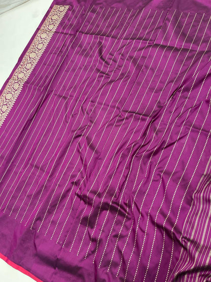 Faishana Pure Silk Handloom Purple Katan Silk Kadhwa Sona Rupa Zari Floral Booti with Kadhwa Border and Purple Stripe Kadhwa Blouse
