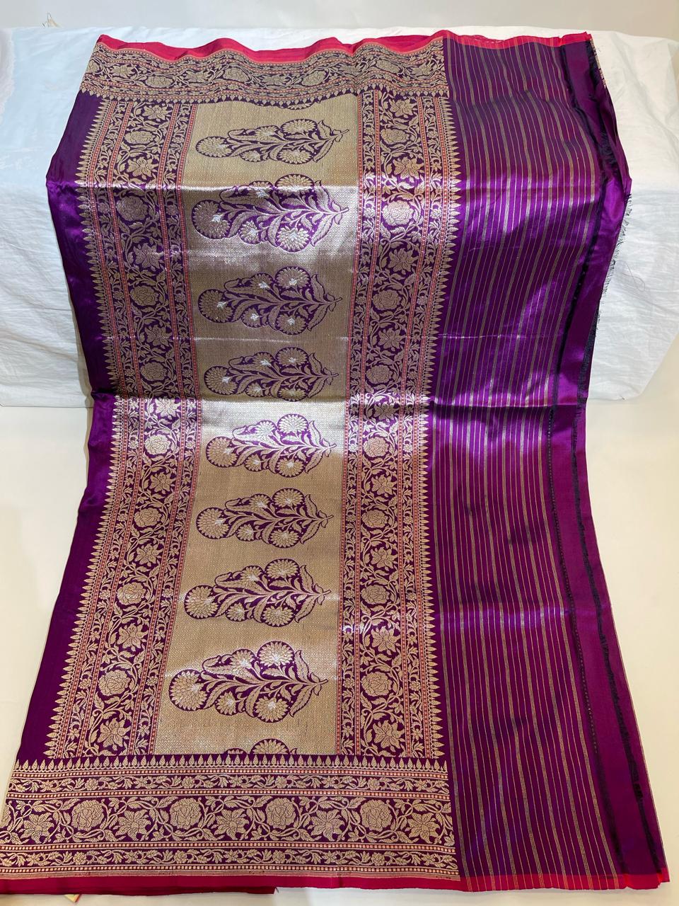 Faishana Pure Silk Handloom Purple Katan Silk Kadhwa Sona Rupa Zari Floral Booti with Kadhwa Border and Purple Stripe Kadhwa Blouse