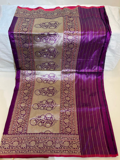 Faishana Pure Silk Handloom Purple Katan Silk Kadhwa Sona Rupa Zari Floral Booti with Kadhwa Border and Purple Stripe Kadhwa Blouse