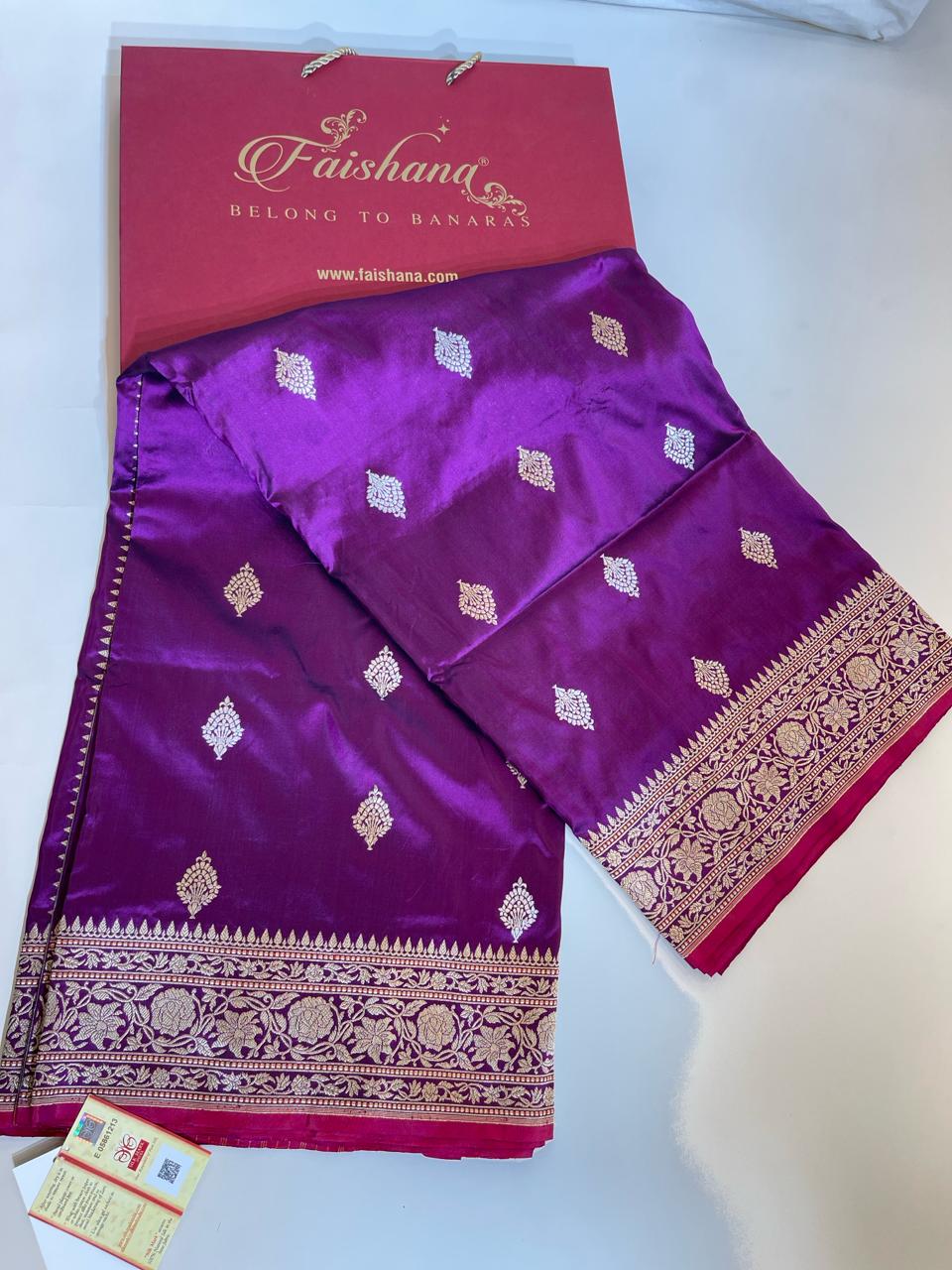 Faishana Pure Silk Handloom Purple Katan Silk Kadhwa Sona Rupa Zari Floral Booti with Kadhwa Border and Purple Stripe Kadhwa Blouse