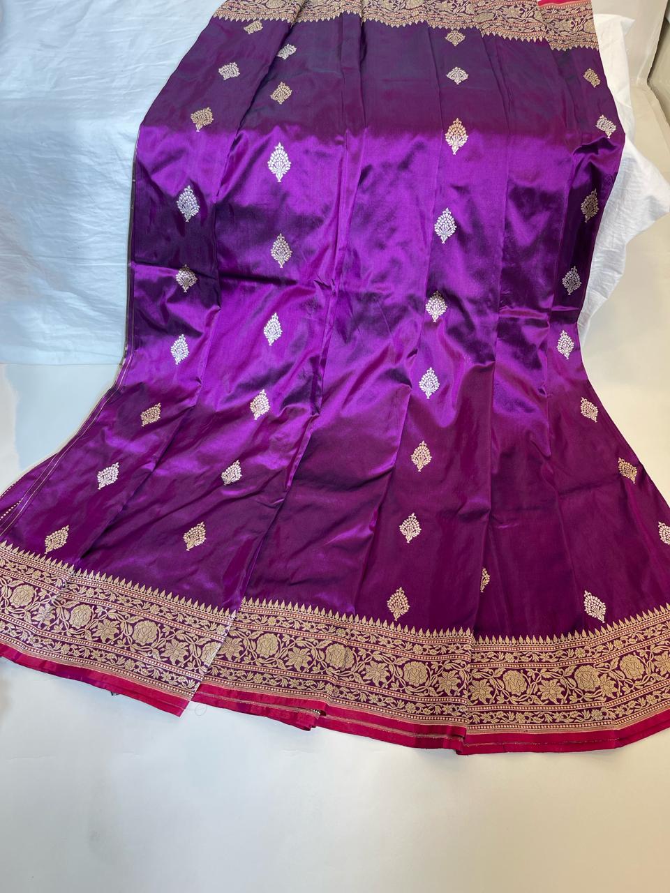 Faishana Pure Silk Handloom Purple Katan Silk Kadhwa Sona Rupa Zari Floral Booti with Kadhwa Border and Purple Stripe Kadhwa Blouse
