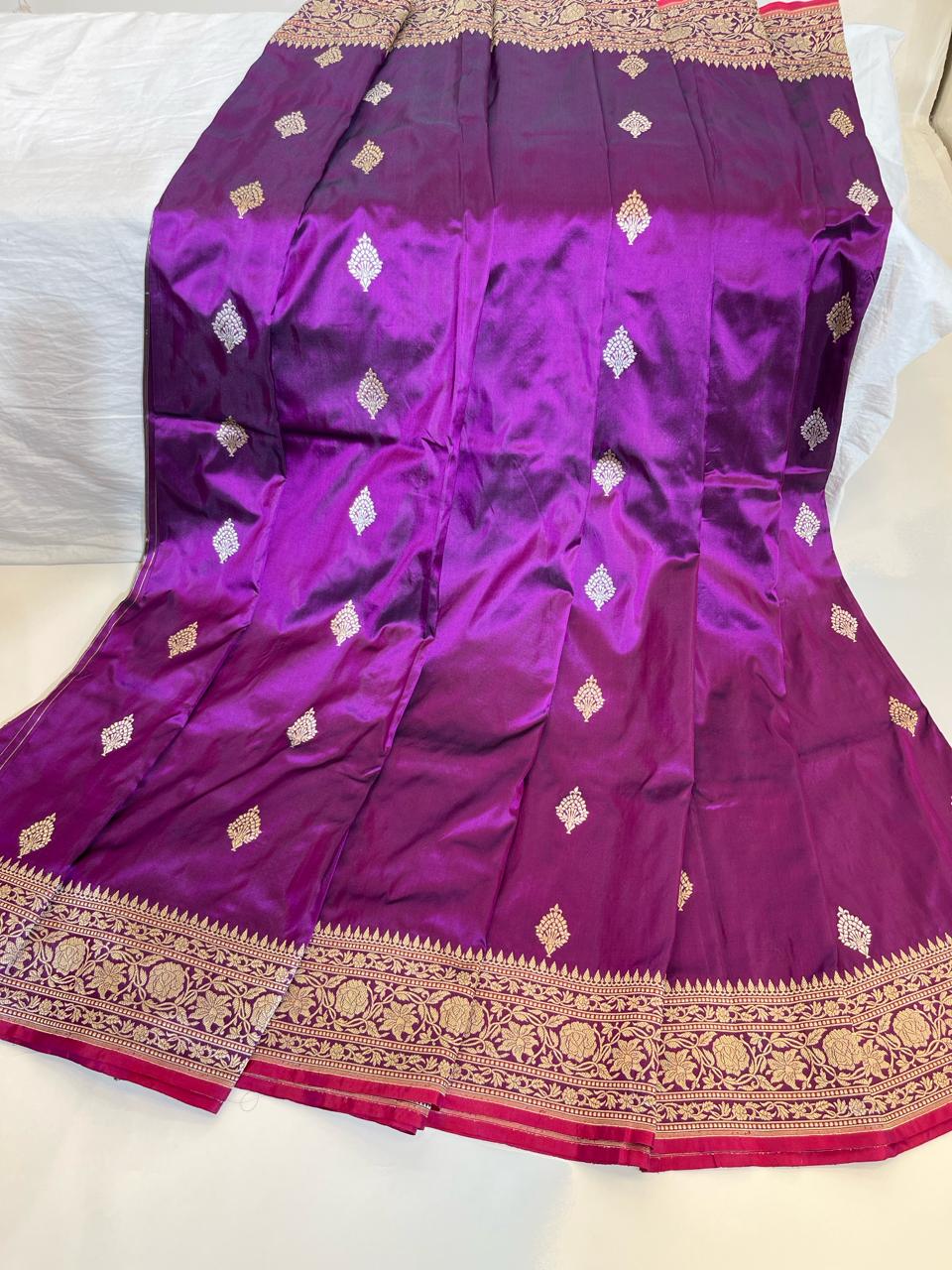 Faishana Pure Silk Handloom Purple Katan Silk Kadhwa Sona Rupa Zari Floral Booti with Kadhwa Border and Purple Stripe Kadhwa Blouse