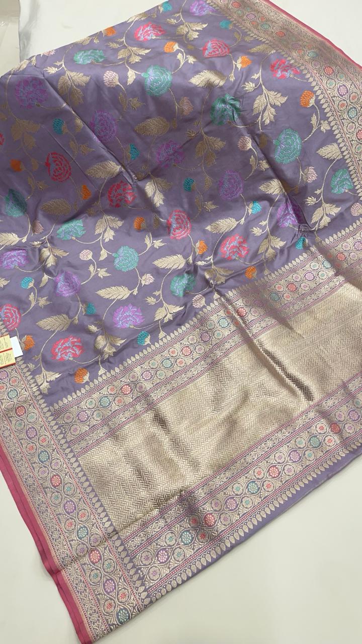 Faishana Pure Handloom Katan Silk Light Purple Minakari Kadhwa Floral Boota Jangla Jaal with Kadhwa Weaving Pallu Zari Border and Peach Kadhwa Blouse