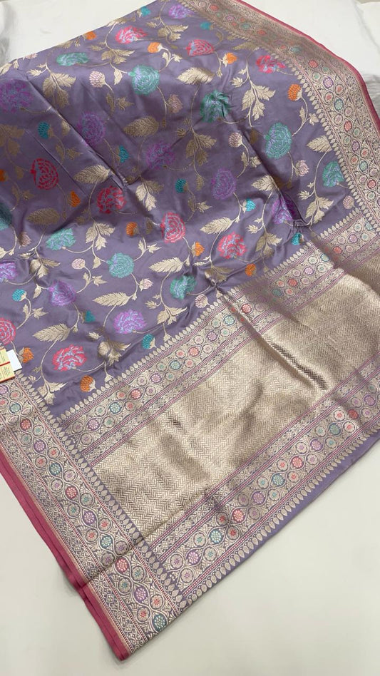Faishana Pure Handloom Katan Silk Light Purple Minakari Kadhwa Floral Boota Jangla Jaal with Kadhwa Weaving Pallu Zari Border and Peach Kadhwa Blouse