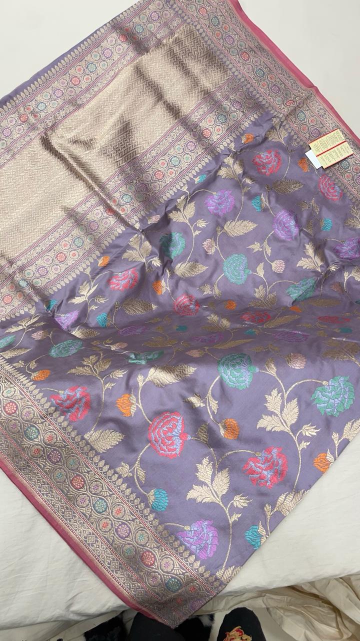 Faishana Pure Handloom Katan Silk Light Purple Minakari Kadhwa Floral Boota Jangla Jaal with Kadhwa Weaving Pallu Zari Border and Peach Kadhwa Blouse