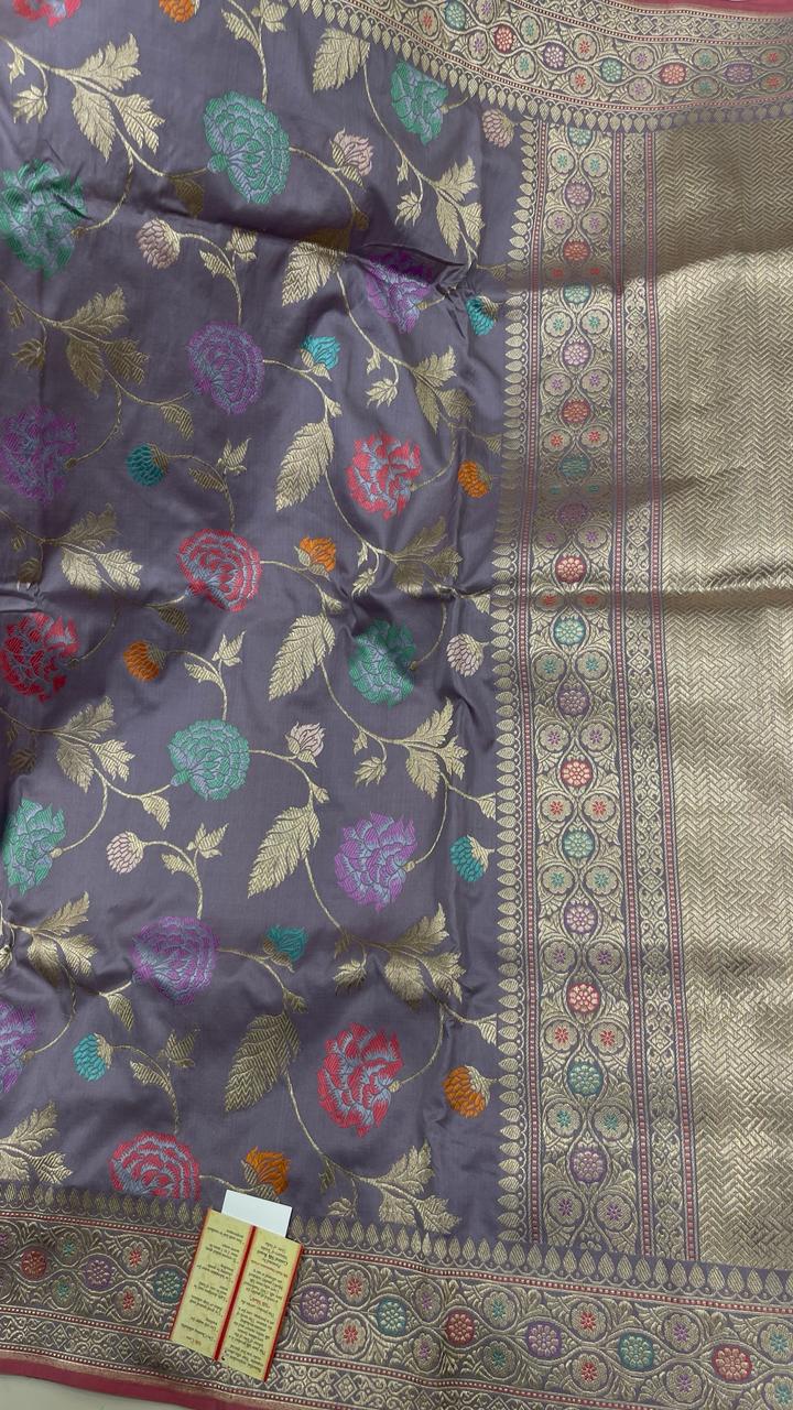 Faishana Pure Handloom Katan Silk Light Purple Minakari Kadhwa Floral Boota Jangla Jaal with Kadhwa Weaving Pallu Zari Border and Peach Kadhwa Blouse