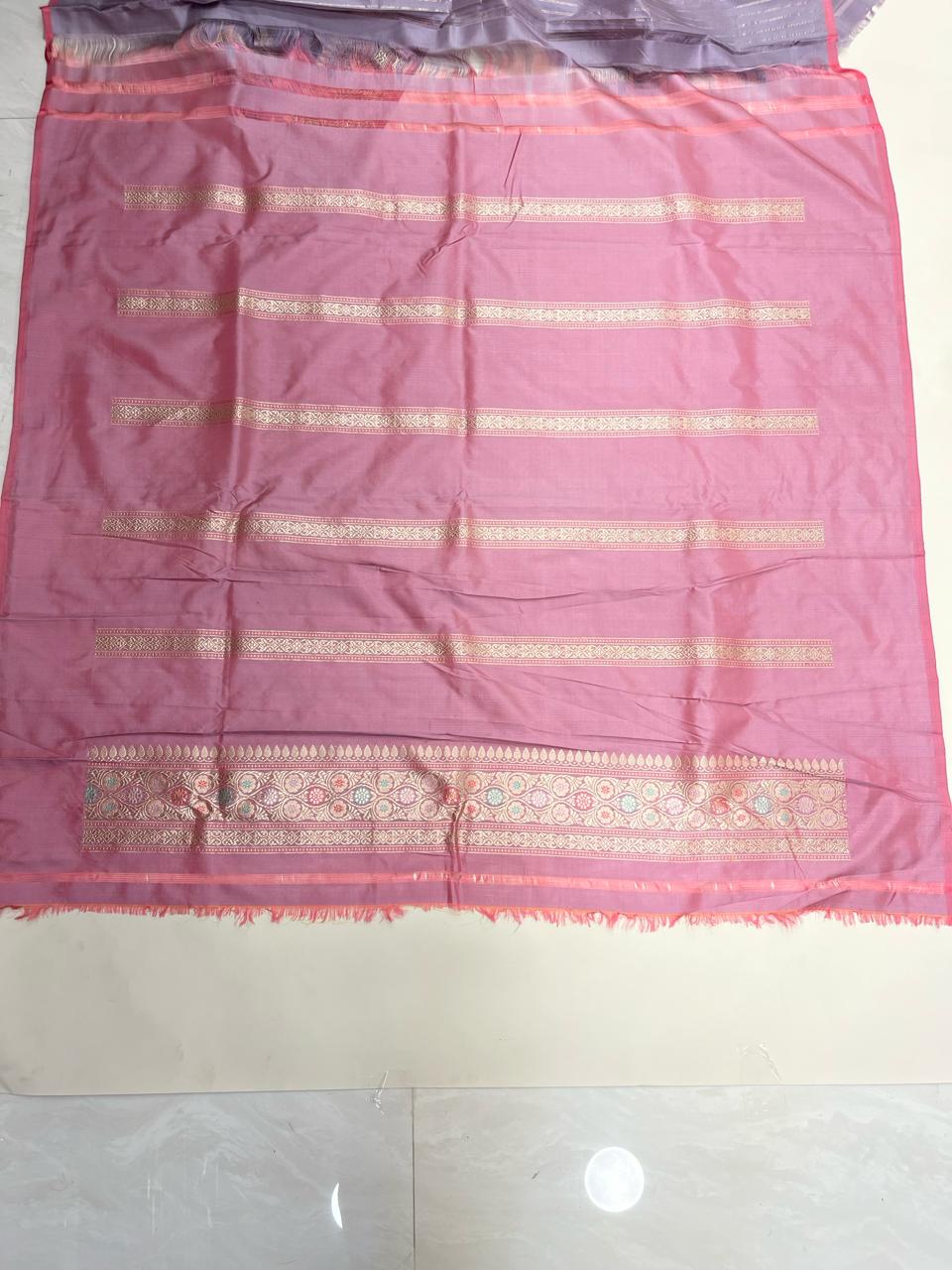 Faishana Pure Handloom Katan Silk Light Purple Minakari Kadhwa Floral Boota Jangla Jaal with Kadhwa Weaving Pallu Zari Border and Peach Kadhwa Blouse