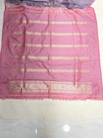 Faishana Pure Handloom Katan Silk Light Purple Minakari Kadhwa Floral Boota Jangla Jaal with Kadhwa Weaving Pallu Zari Border and Peach Kadhwa Blouse