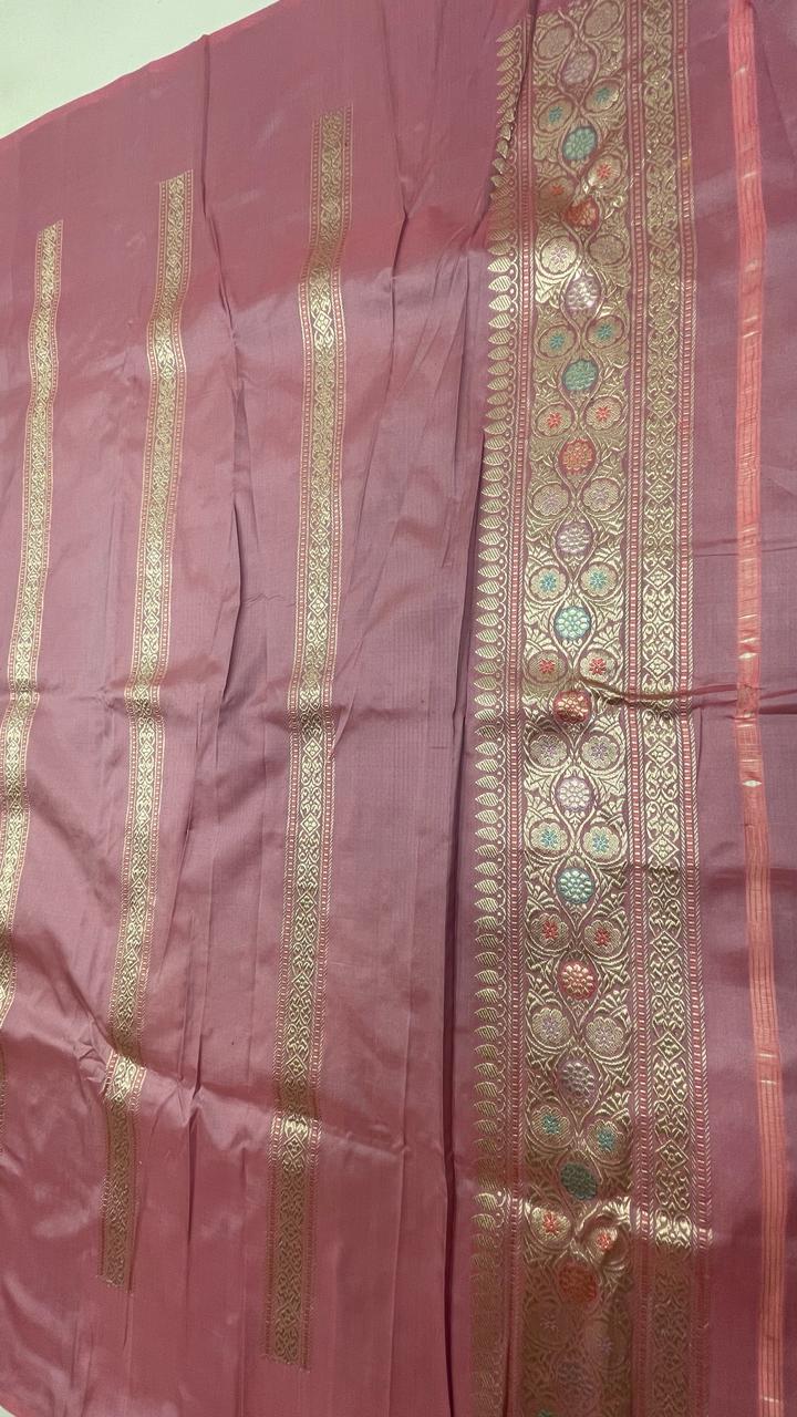 Faishana Pure Handloom Katan Silk Light Purple Minakari Kadhwa Floral Boota Jangla Jaal with Kadhwa Weaving Pallu Zari Border and Peach Kadhwa Blouse