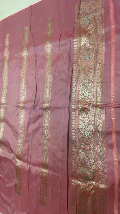Faishana Pure Handloom Katan Silk Light Purple Minakari Kadhwa Floral Boota Jangla Jaal with Kadhwa Weaving Pallu Zari Border and Peach Kadhwa Blouse