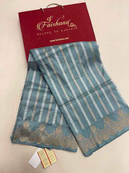 Faishana Pure Silk Handloom Grey Katan Silk Sona Rupa Zari Kadhwa Strip with Kadhwa Zari Border and Grey Blouse