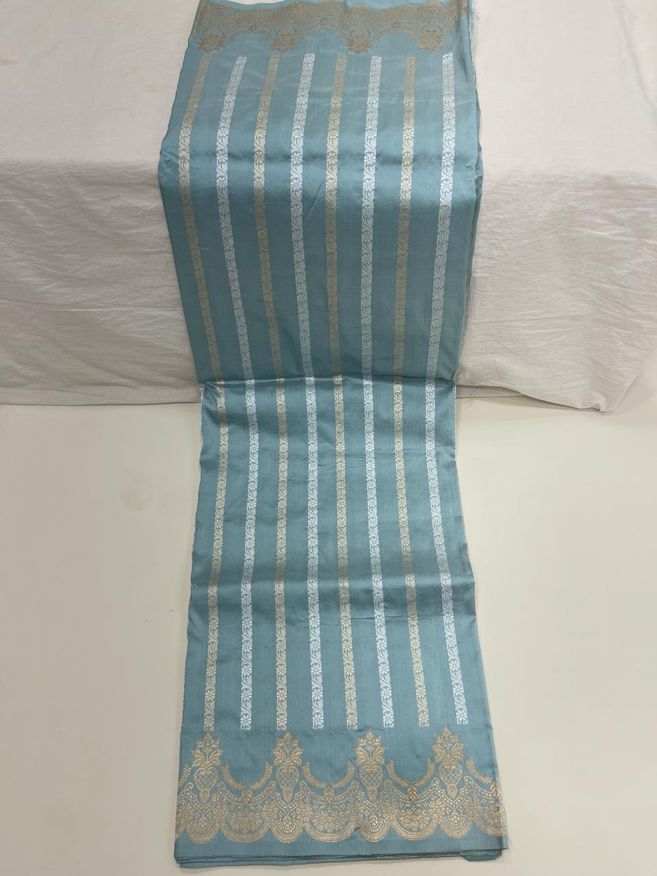 Faishana Pure Silk Handloom Grey Katan Silk Sona Rupa Zari Kadhwa Strip with Kadhwa Zari Border and Grey Blouse